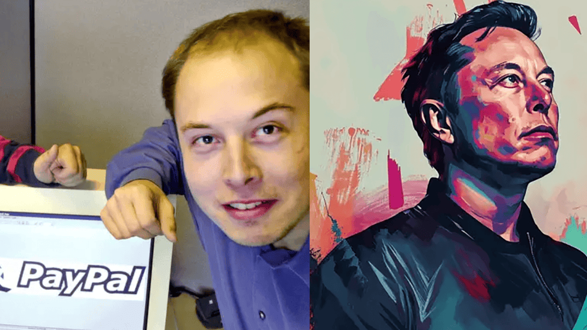 [Imagem de Elon Musk jovem com elementos de sucesso]